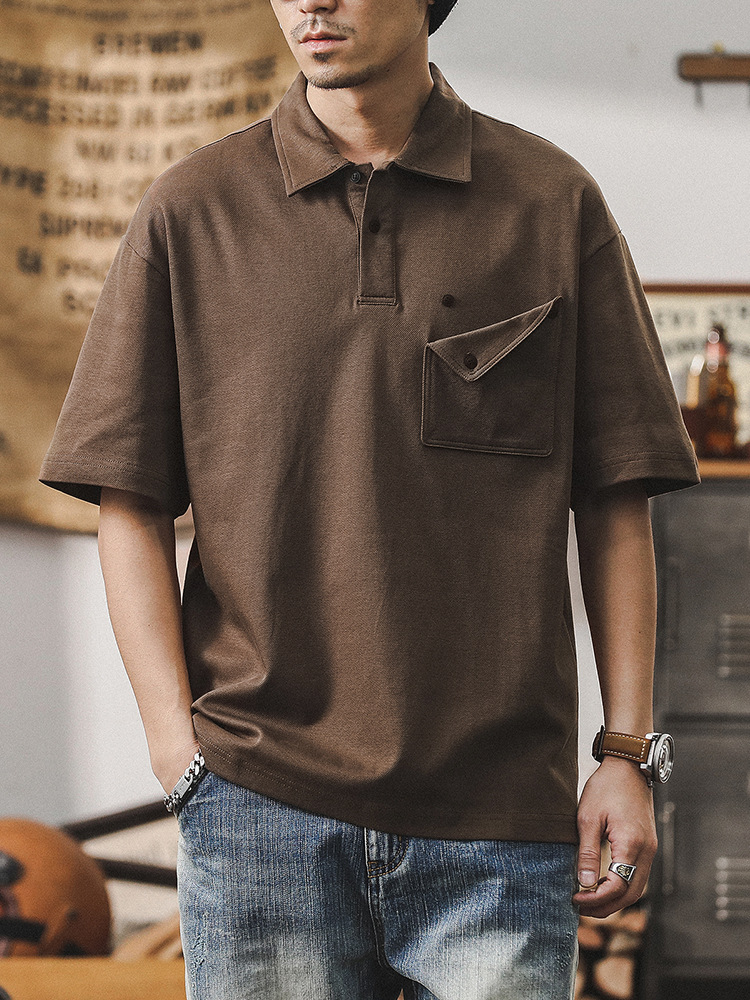 美式復古重磅polo衫短袖男夏季寬鬆休閒古著上衣簡約設計感男T恤