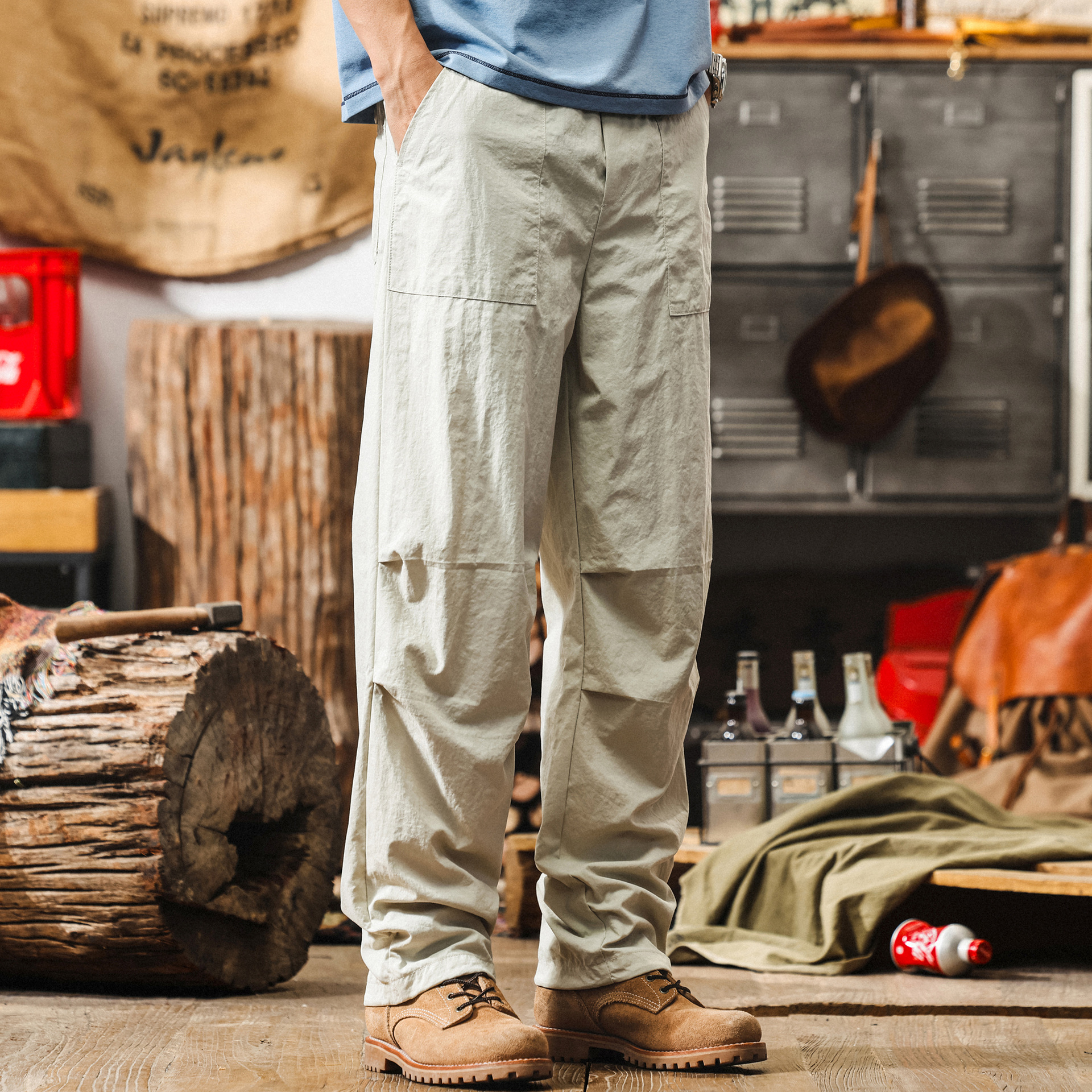 美式薄款杏色工裝傘兵褲男夏季寬鬆闊腿褲城市戶外通勤直筒休閒褲