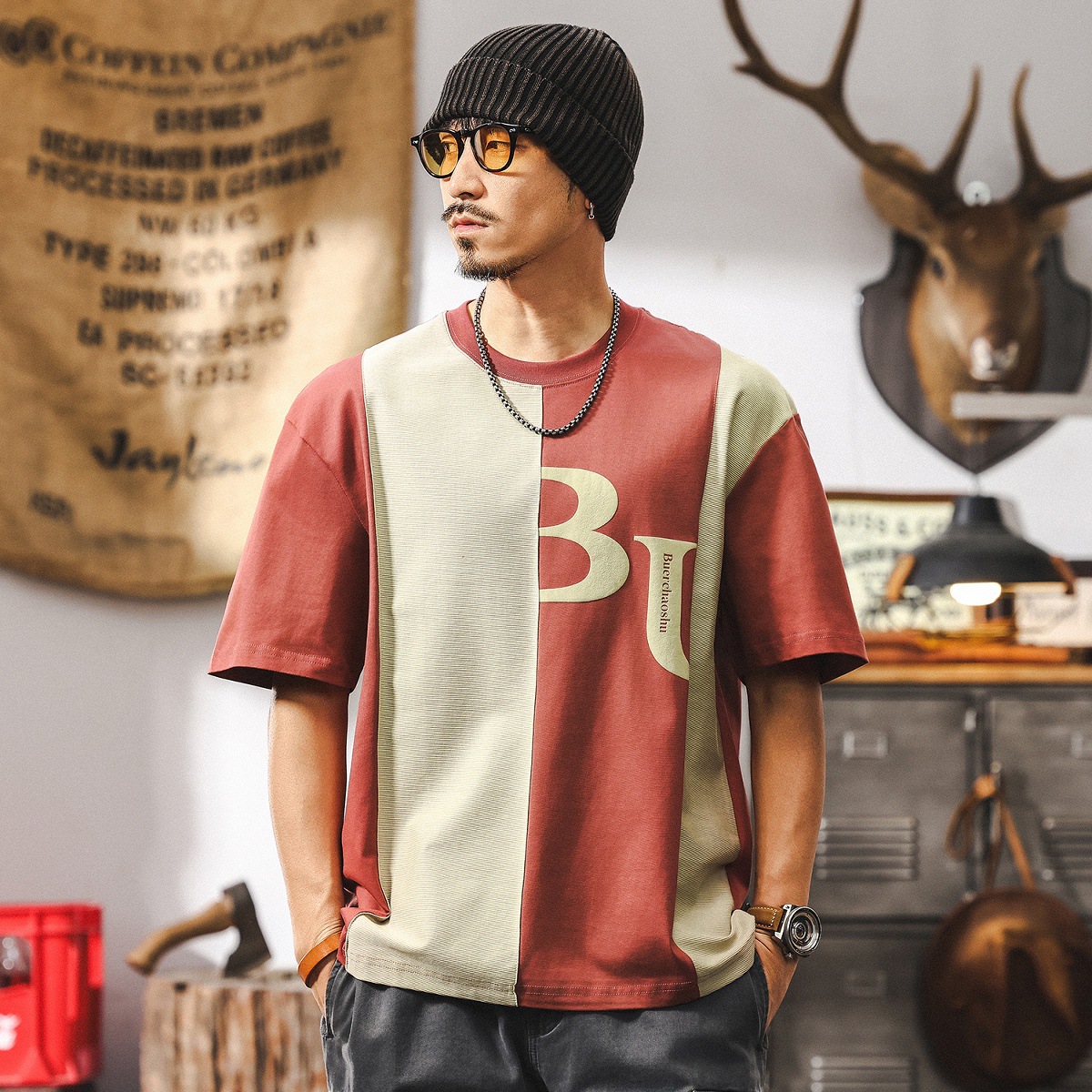 美式230g重磅復古短袖T恤男潮牌拼接撞色男士上衣半袖男體恤