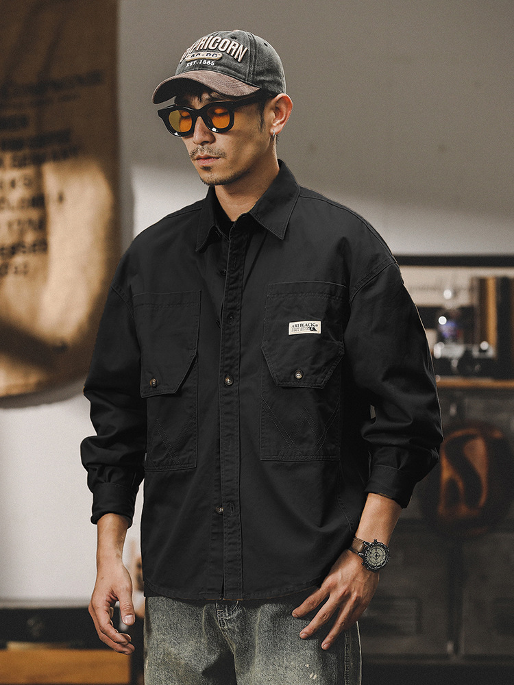 美式水洗重磅工裝夾克外套男2024新款寬鬆潮牌春季襯衫男長袖襯衫