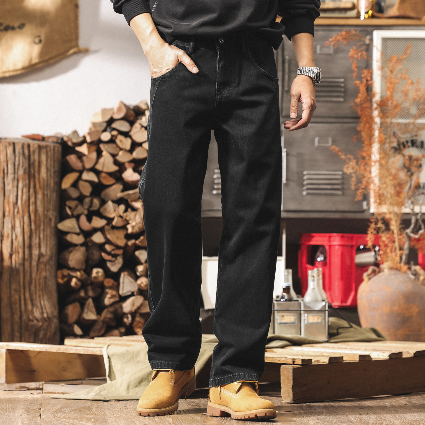 美式復古重磅水洗黑色牛仔褲男款直筒2026春季潮牌寬鬆男士休閒褲