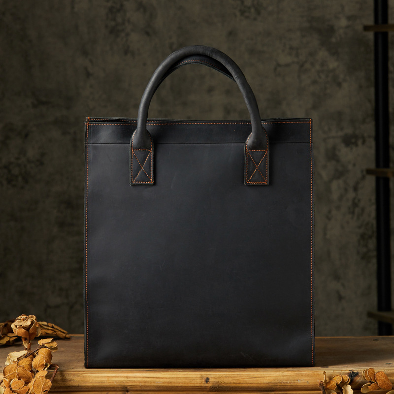 手工頭層牛皮商務通勤手提包男士單肩斜挎包復古瘋馬皮豎款公文包