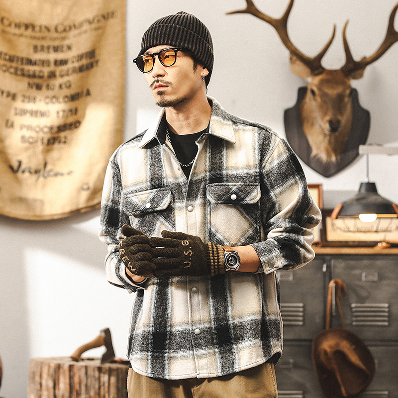 美式復古600g重磅加厚格子襯衫男長袖冬季潮牌寬鬆磨毛秋冬外套男