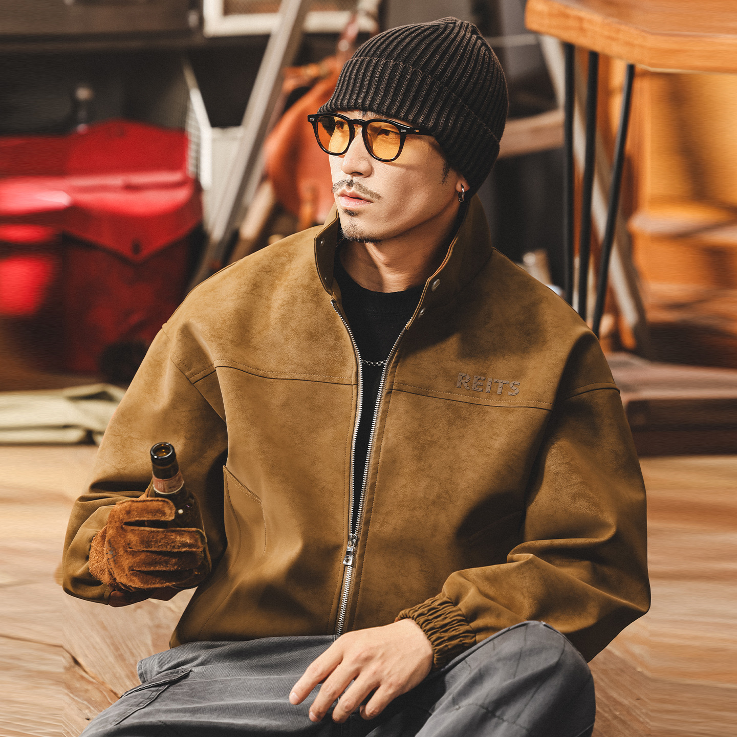 美式復古扎染立領機車皮衣外套男春秋新款痞帥潮流飛行員教練夾克