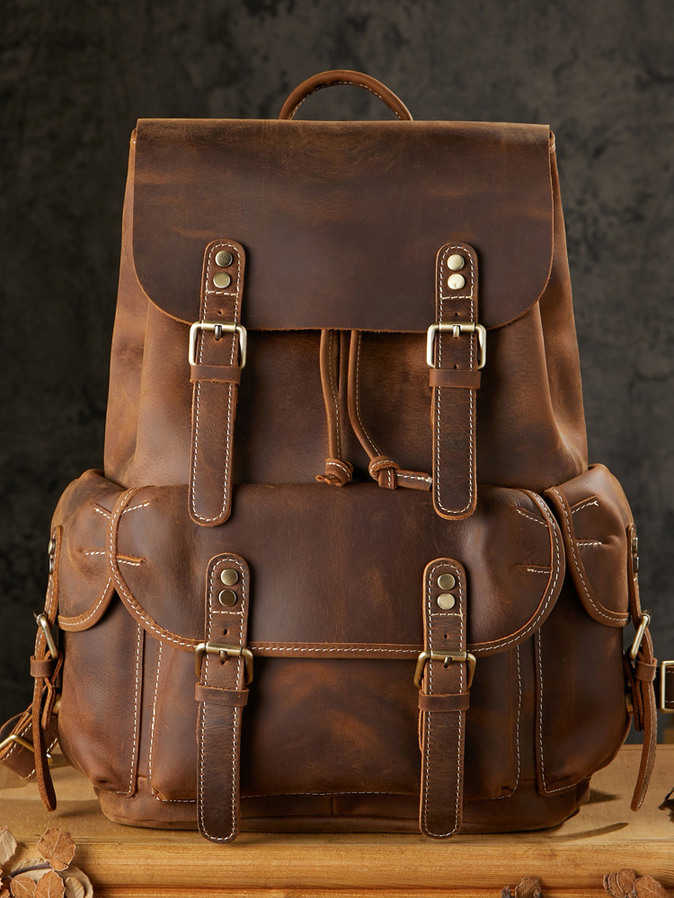 手工復古牛皮雙肩包男背包個性潮牌真皮男士學生潮流旅行休閒書包