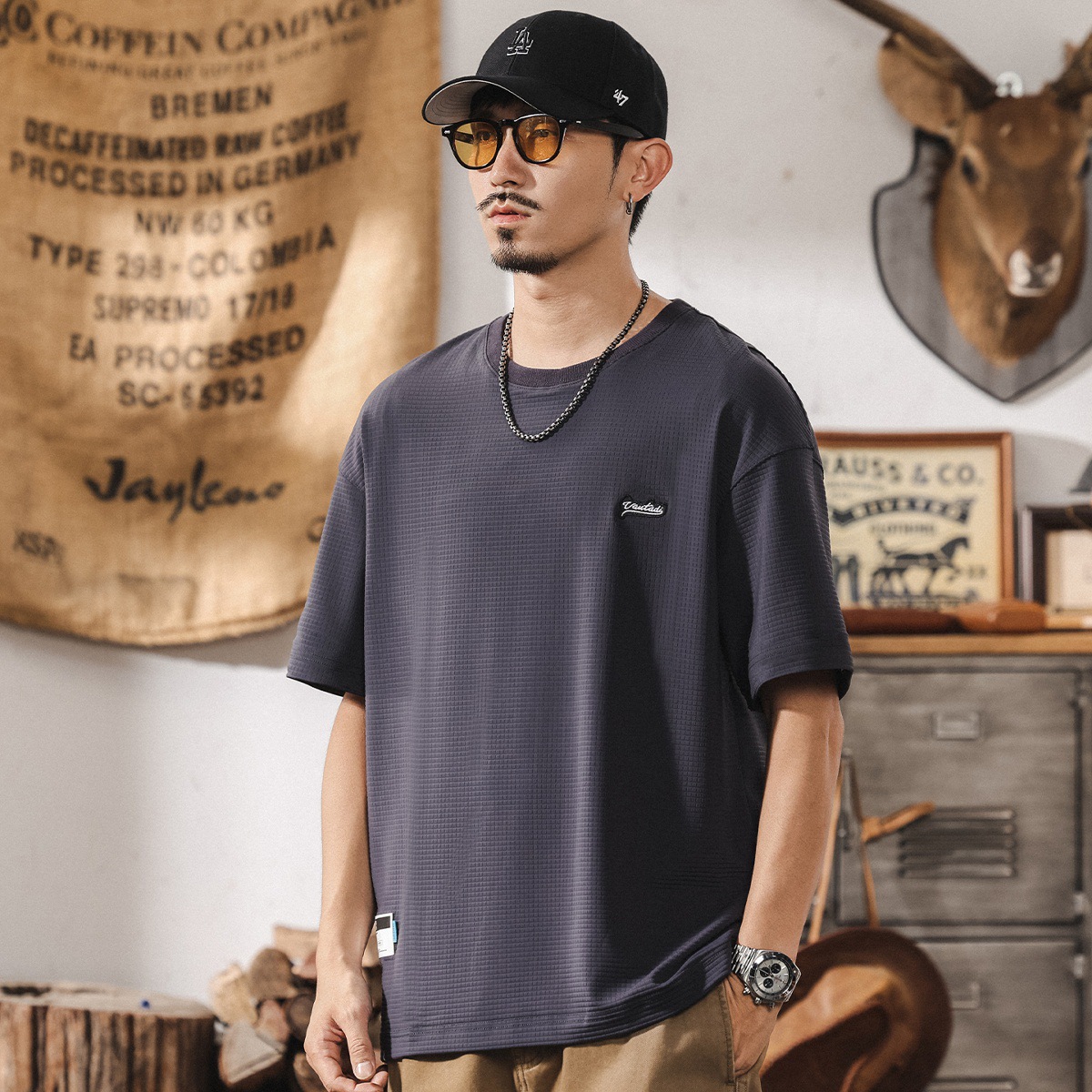 薄款軟糯冰絲T恤男士短袖夏季新款華夫格速幹寬鬆大碼美式體恤潮