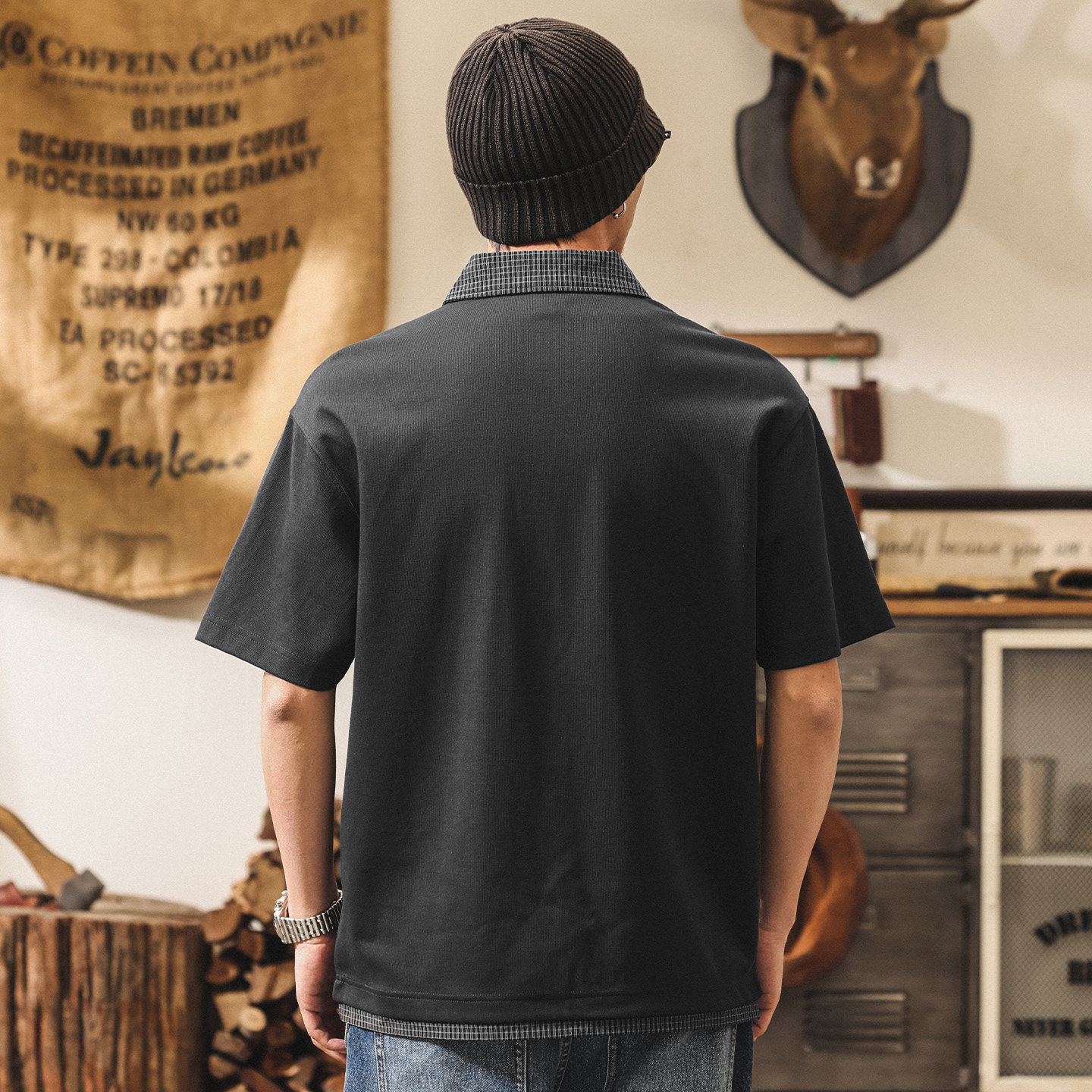 美式復古假兩件拼接短袖Polo衫男款春季潮牌襯衫領寬鬆半袖T恤男