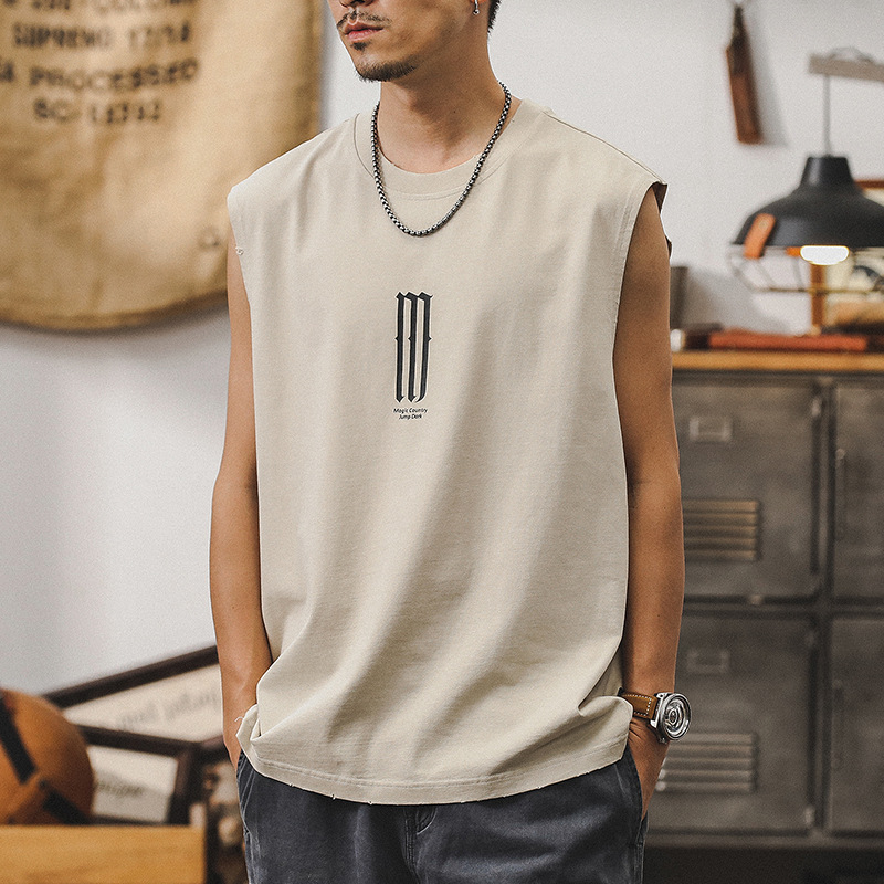 無袖T恤男夏季潮流復古做舊坎肩男款純棉背心重磅運動健身上衣潮T