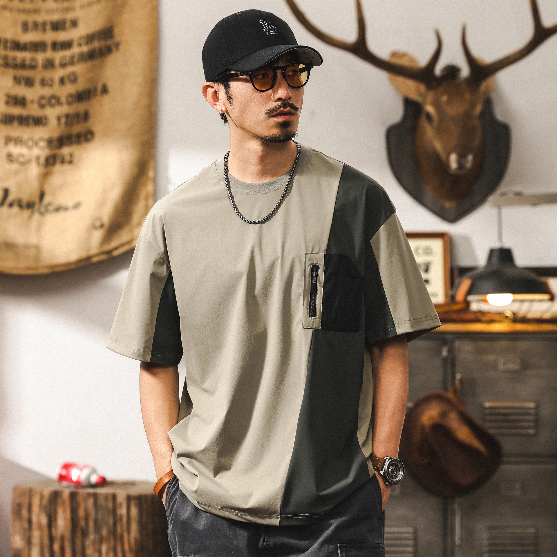 【涼感科技】冰絲薄款免燙速幹短袖T恤男夏季潮牌撞色寬鬆上衣男