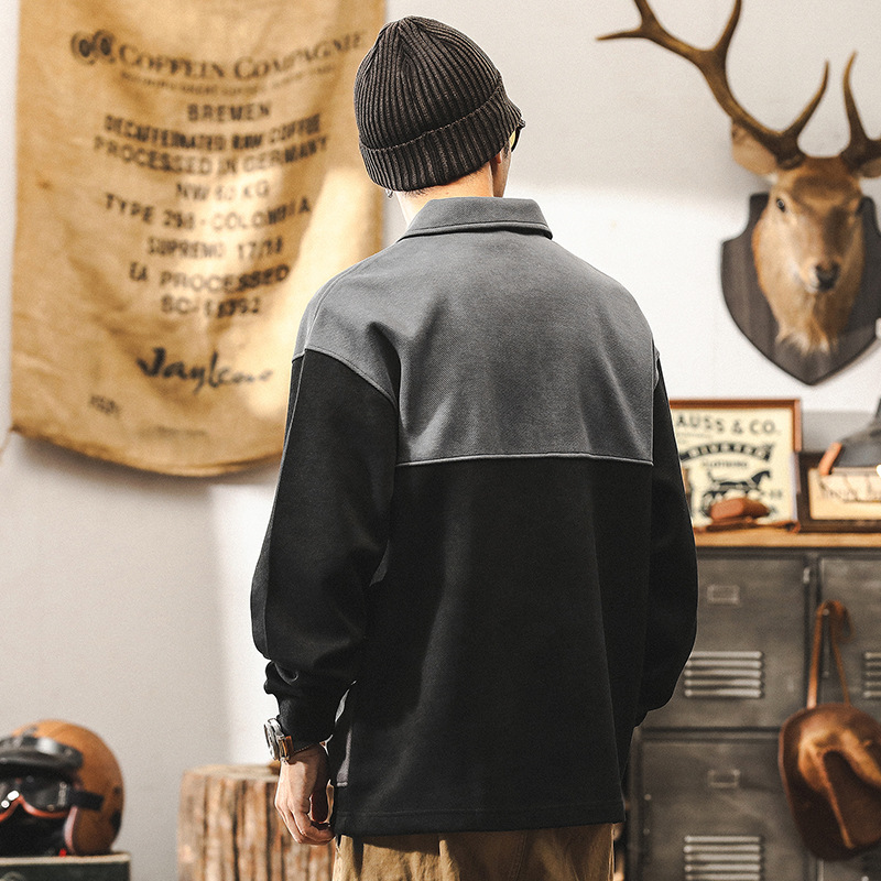 美式復古重磅衛衣男秋季潮牌撞色拼接上衣寬鬆大碼POLO衫男秋冬款