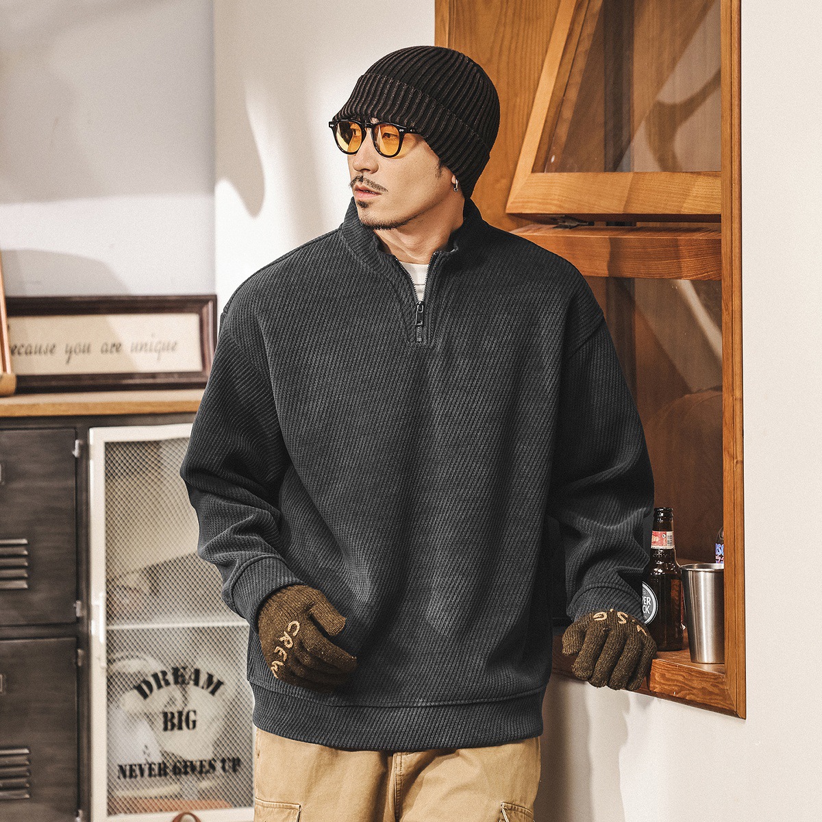 美式復古拉鍊半高領重磅衛衣男春秋新款立領寬鬆潮流休閒男士外套