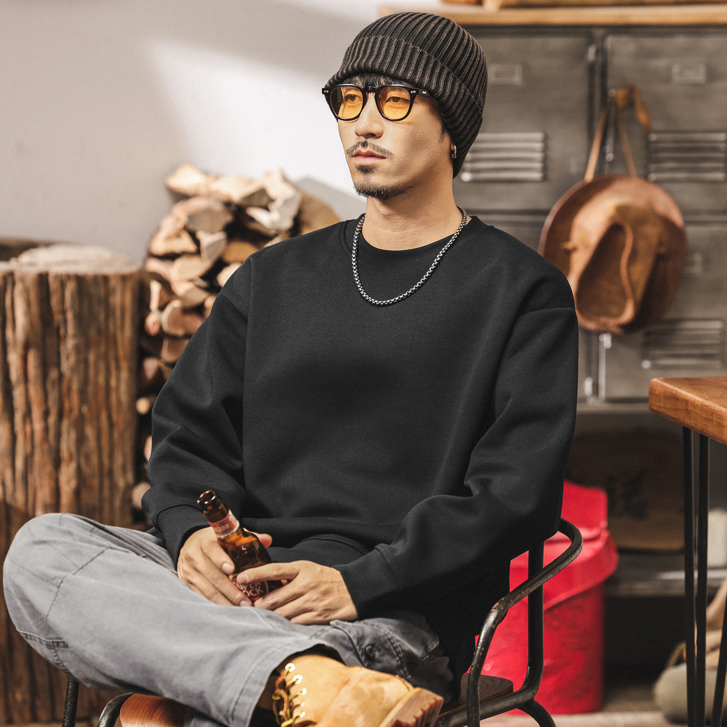 新中式復古盤扣黑色重磅衛衣男春秋2025新款潮牌寬鬆休閒男士上衣