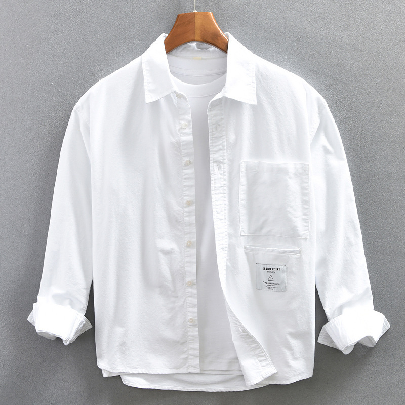 杰雷諾美式工裝簡約白色襯衫男長袖日系寬鬆潮牌襯衣外套男春秋款