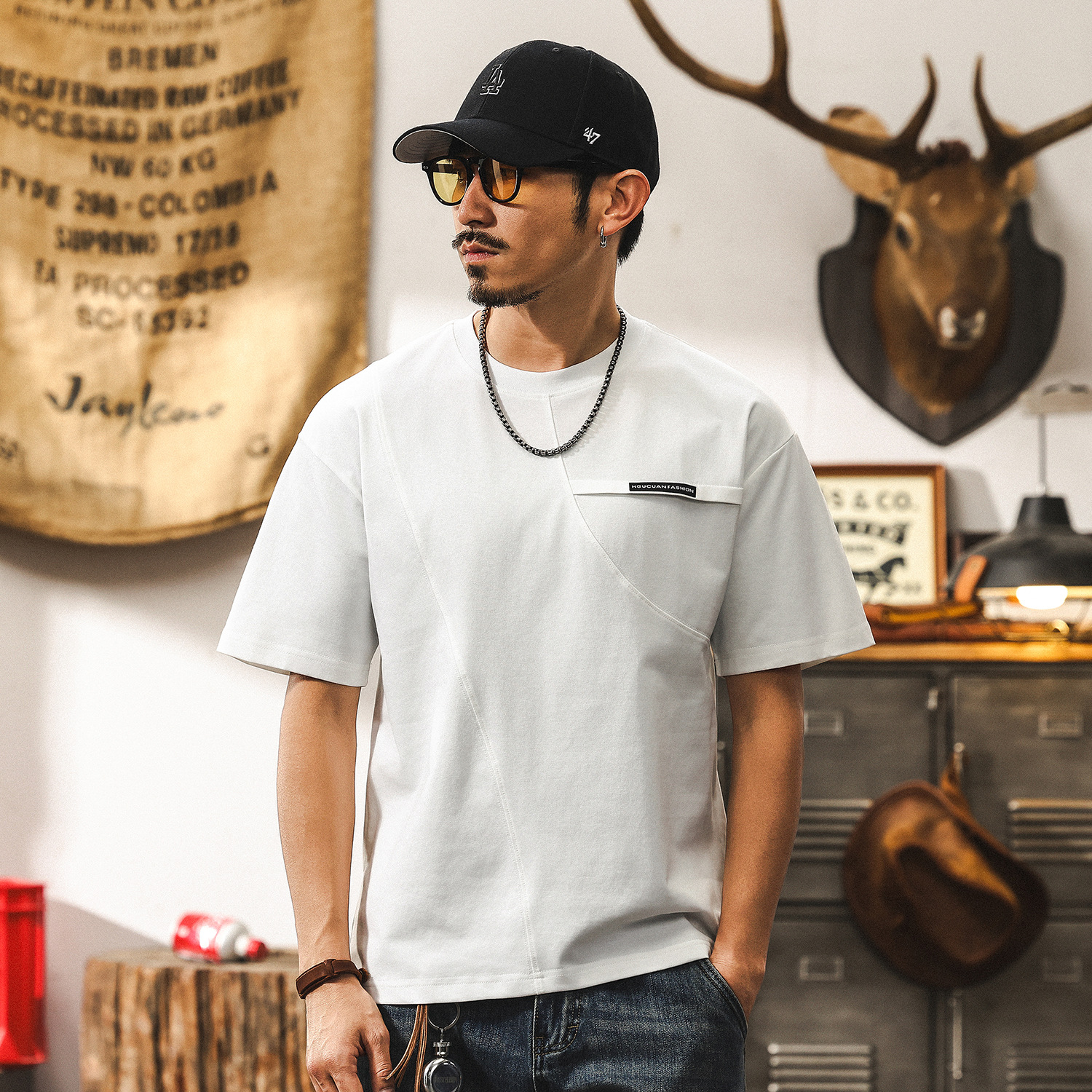 美式復古拼接涼感T恤短袖男款2025夏季新款寬鬆大碼休閒男士上衣T