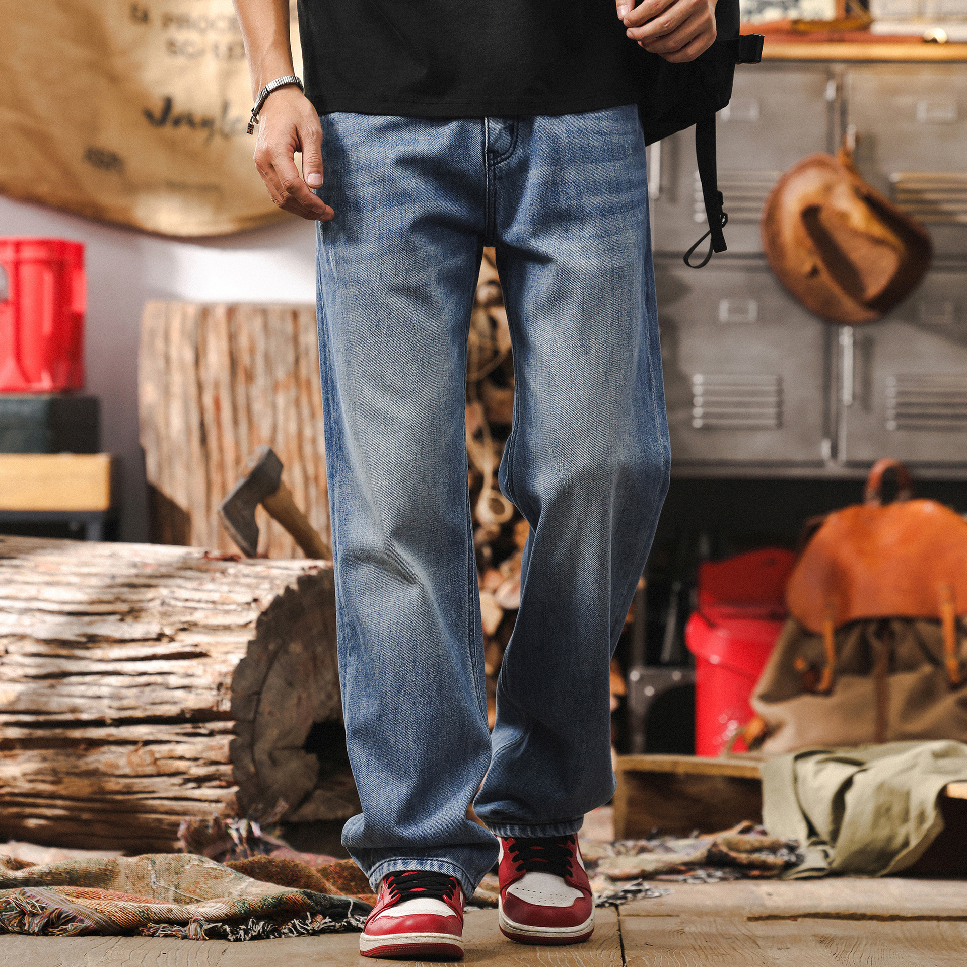 美式復古經典藍色水洗牛仔褲男春季2025新款潮牌寬鬆直筒休閒褲男
