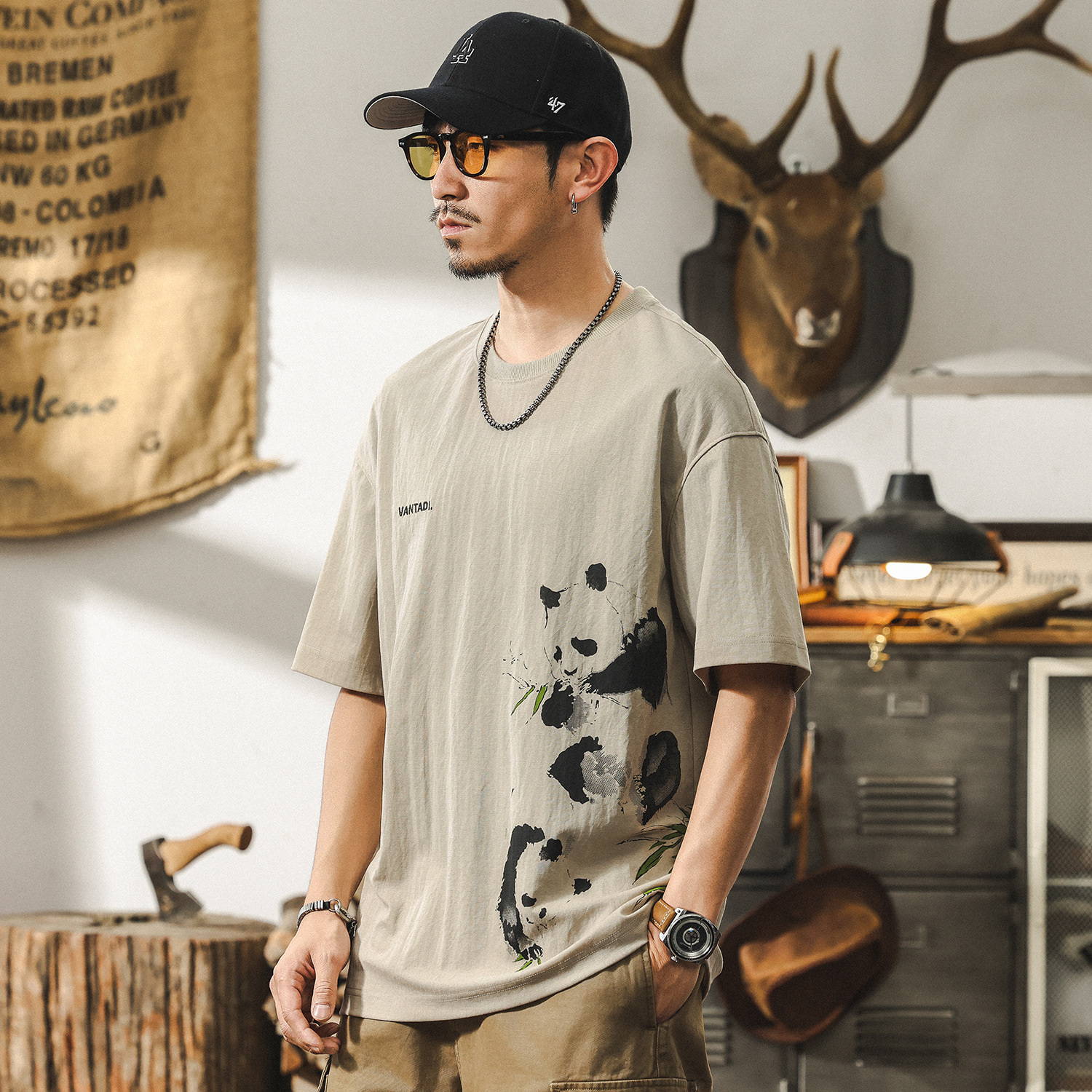 國潮熊貓短袖男款夏季美式復古亞麻薄款T恤潮牌寬鬆大碼男士上衣