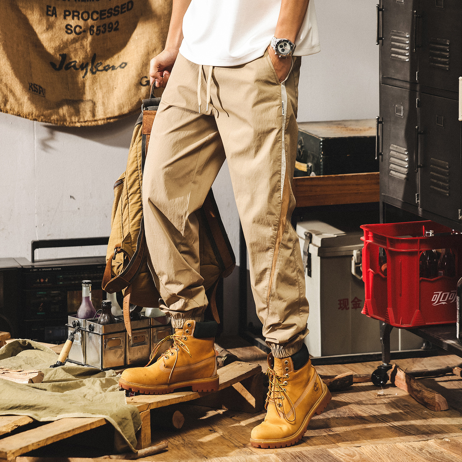 冰絲薄款褲子男夏季寬鬆大碼卡其色束腳男士休閒褲美式復古工裝褲