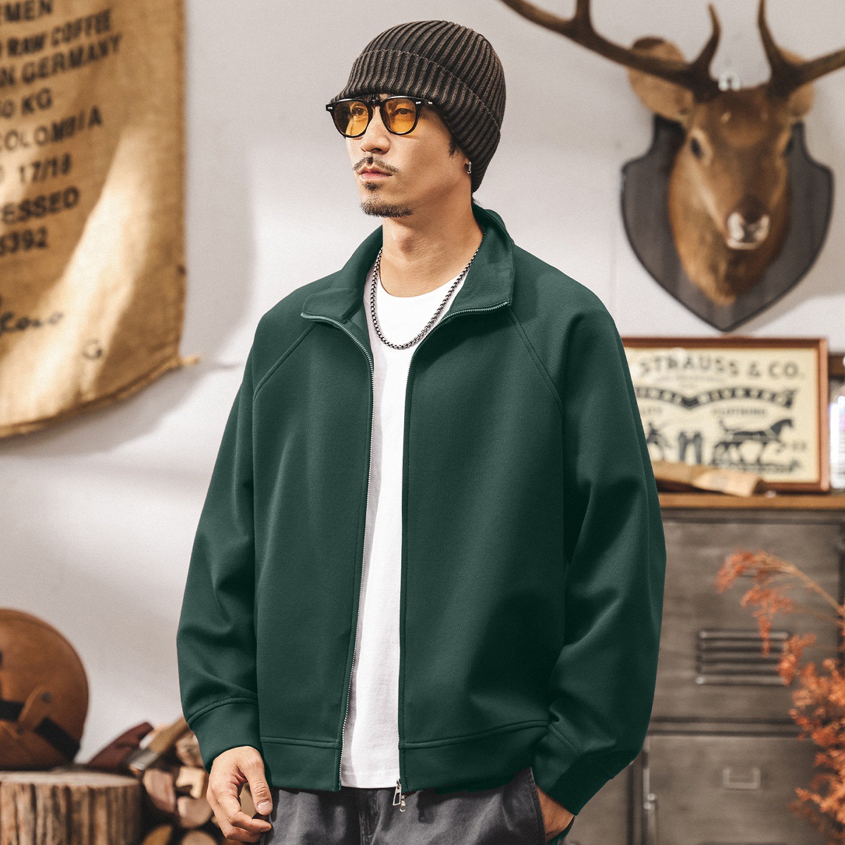 美式復古雙拉鍊開衫外套男春秋新款潮牌寬鬆大碼重磅紅色男士衛衣