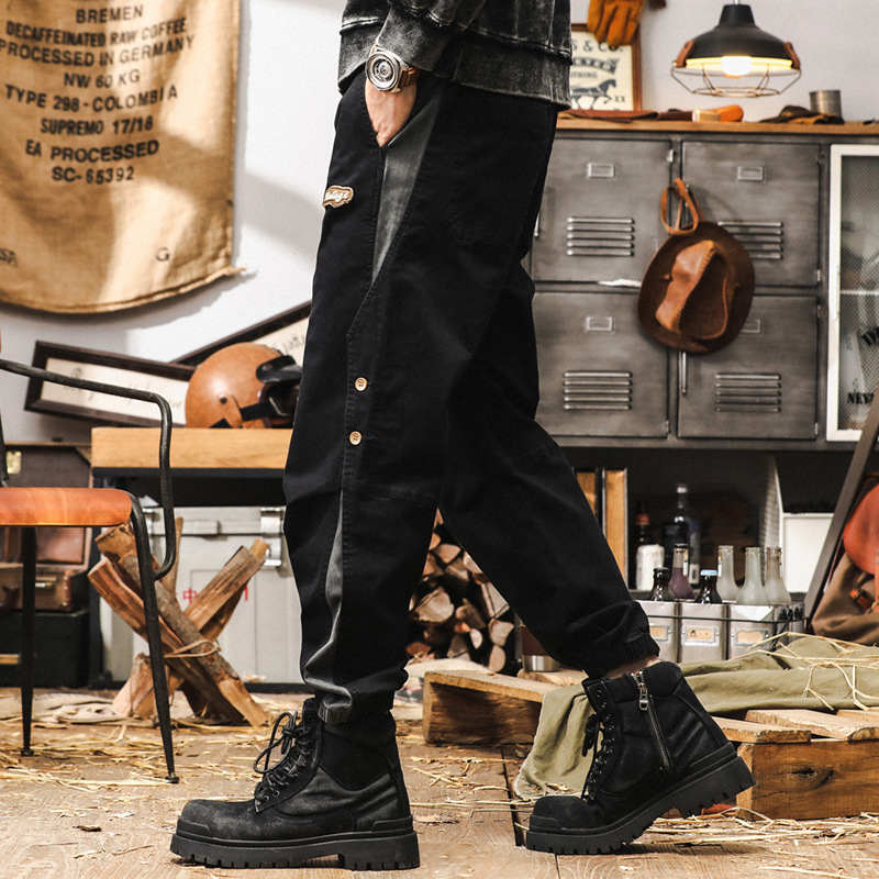 美式重磅復古工裝褲子男秋季2024新款寬鬆潮牌束腳黑色男士休閒褲