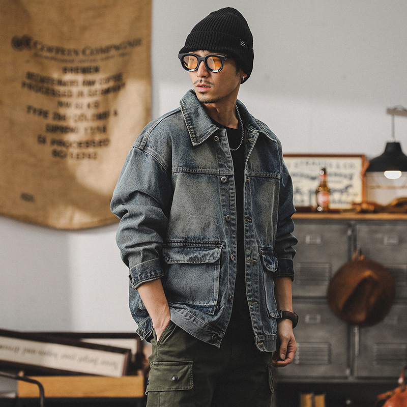 美式經典工裝夾克男春季2024新款硬漢痞帥磨白水洗復古牛仔外套男