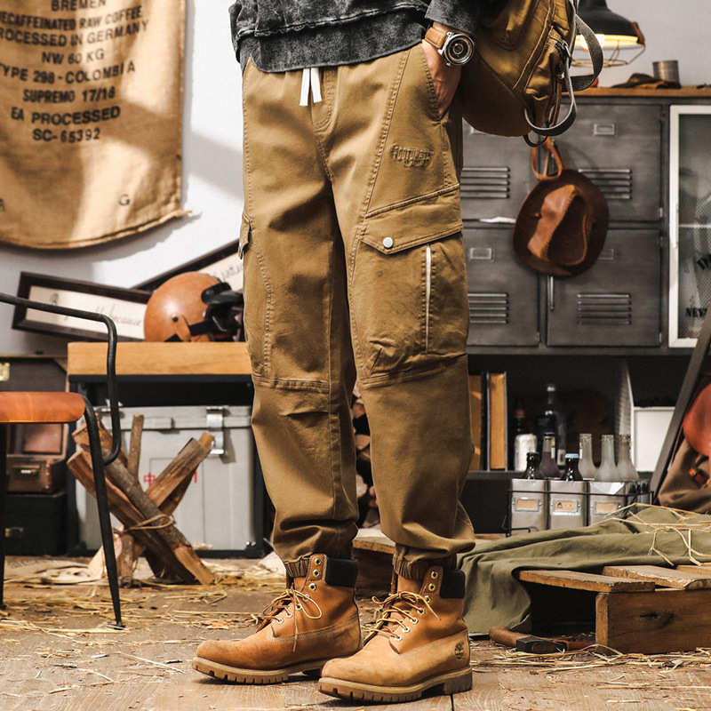 美式復古工裝褲男2024新款寬鬆潮牌卡其色褲子男秋季束腳休閒褲男