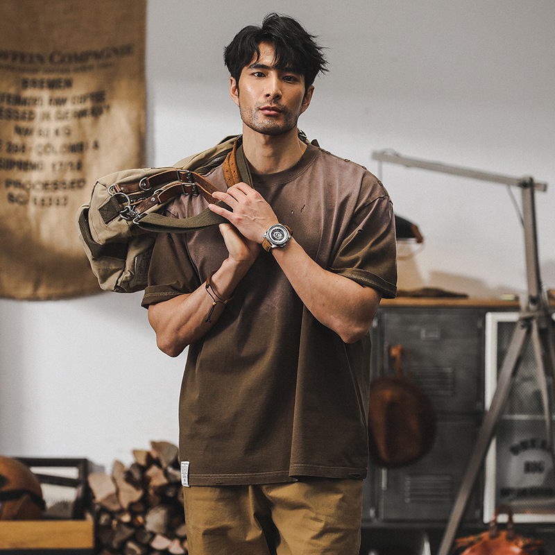 美式復古重磅T恤男夏季寬鬆潮牌高街個性漸變破洞水洗體恤男破洞T