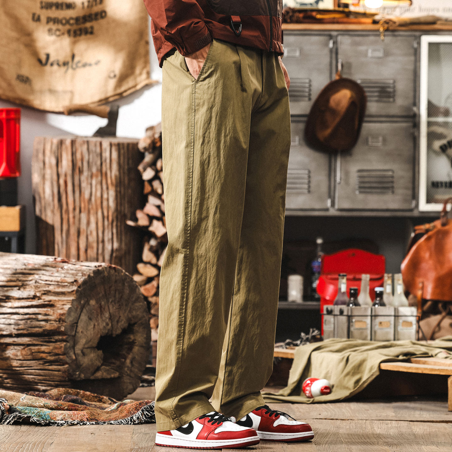 美式戶外軍綠色工裝褲子男夏季新款潮牌直筒寬鬆薄款速干休閒長褲