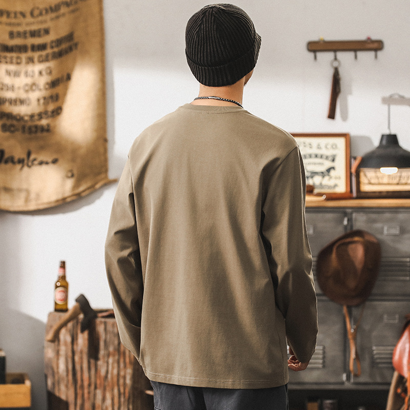 美式復古重磅長袖T恤男秋季潮牌寬鬆趣味印花體恤男士卡其色上衣