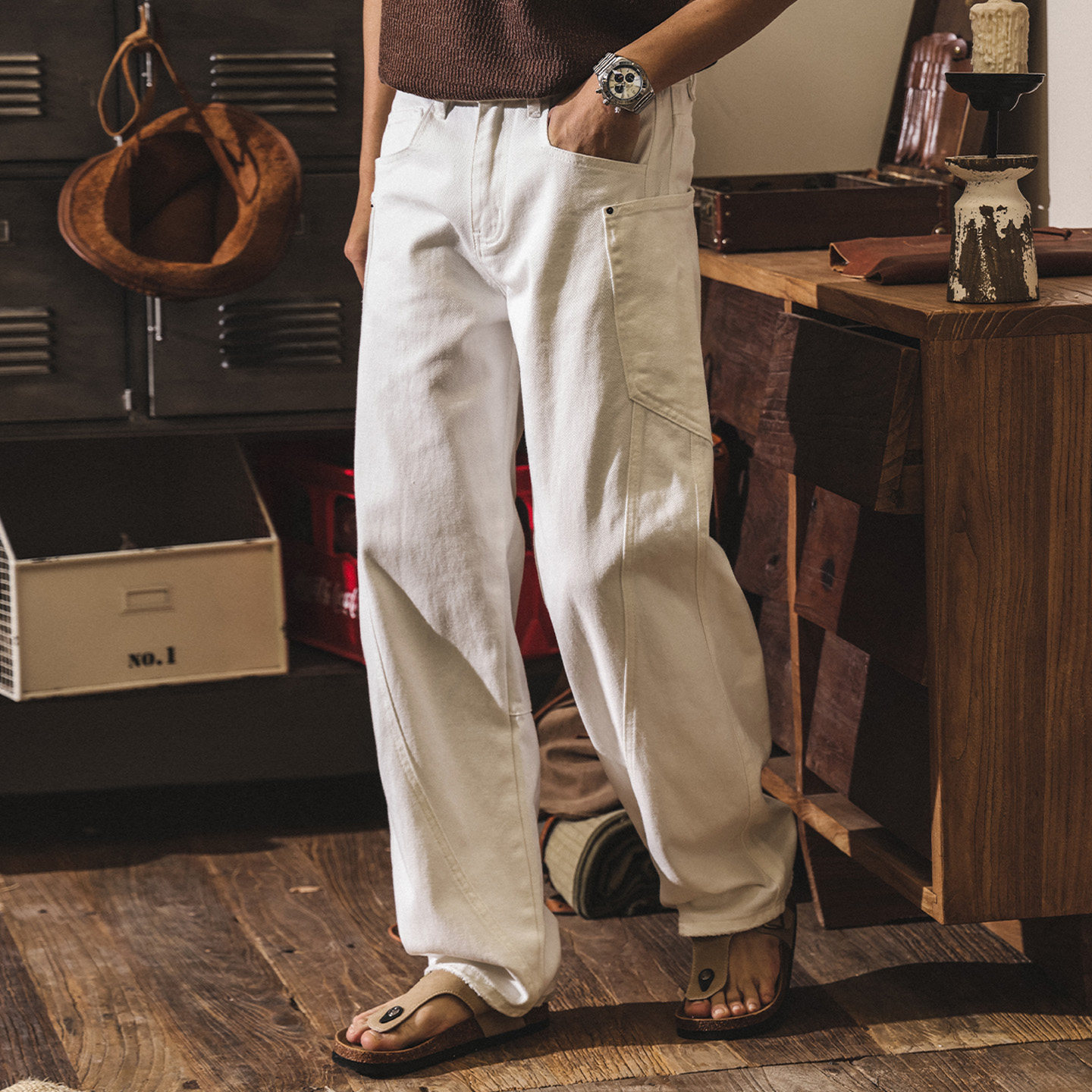 美式復古白色牛仔褲男2026春季潮牌直筒褲子男士工裝褲寬鬆彎刀褲