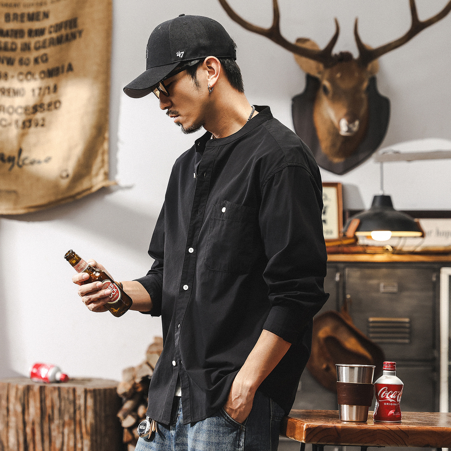 傑雷諾復古立領襯衫男長袖秋季2025新款潮流寬鬆休閒黑色男士襯衣