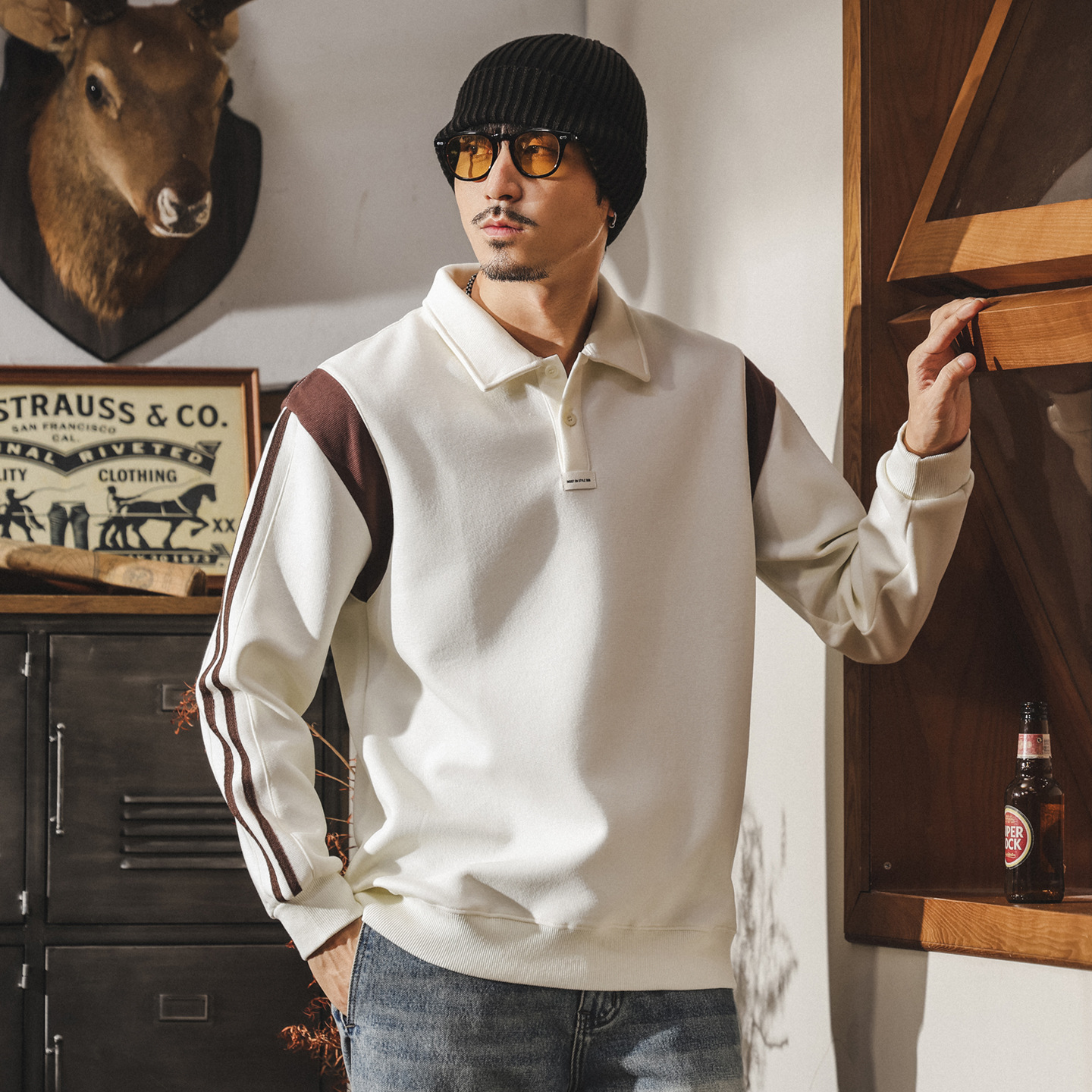 美式復古Polo領衛衣男春秋2025新款潮牌撞色拼接寬鬆休閒男士上衣