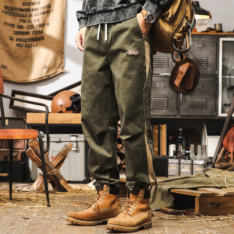 美式復古工裝褲子男秋季2024新款寬鬆大碼休閒褲男撞色潮流束腳褲