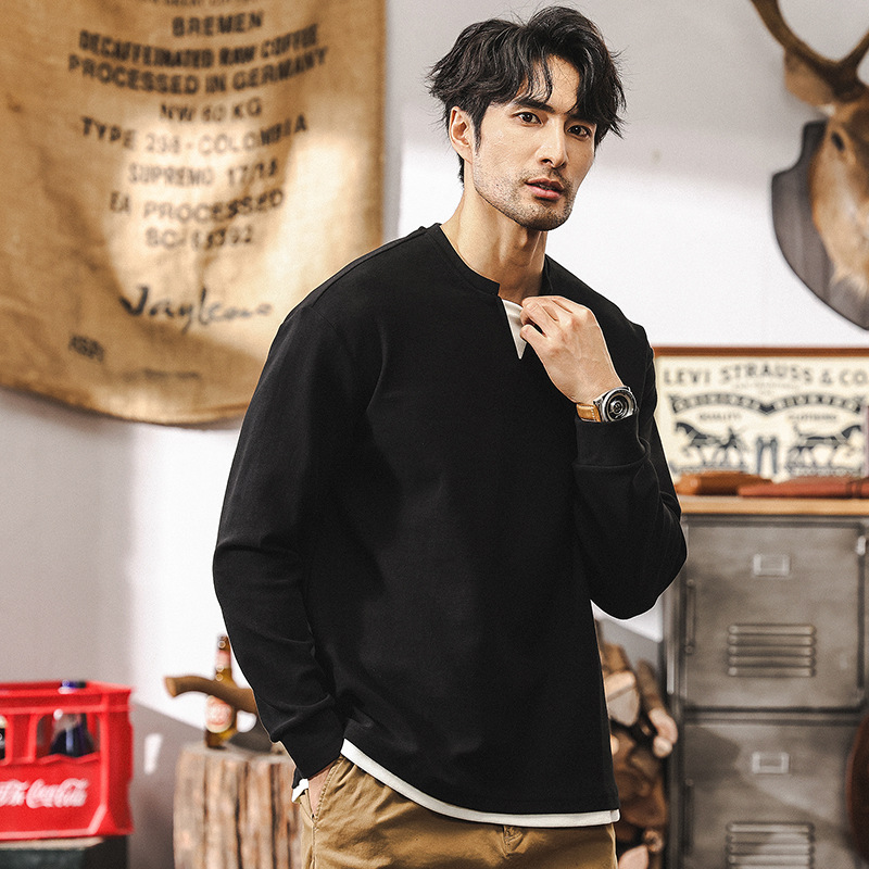 美式復古360g重磅長袖T恤男秋季新款潮牌雙層V領假兩件寬鬆上衣男