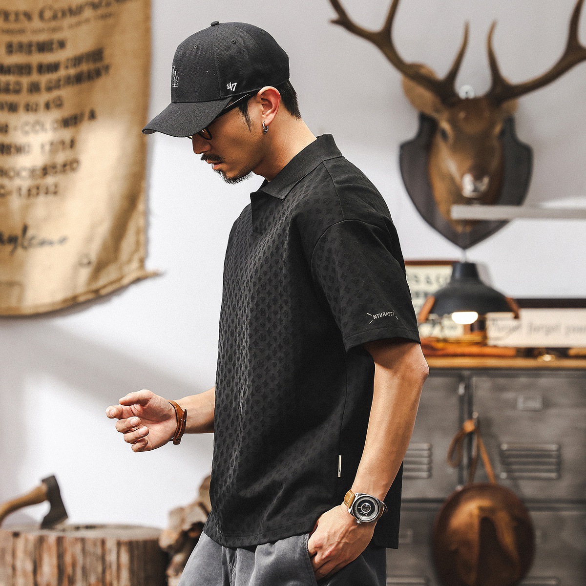 美式復古肌理感提花POLO衫男夏季短袖T恤時尚潮牌寬鬆翻領上衣男