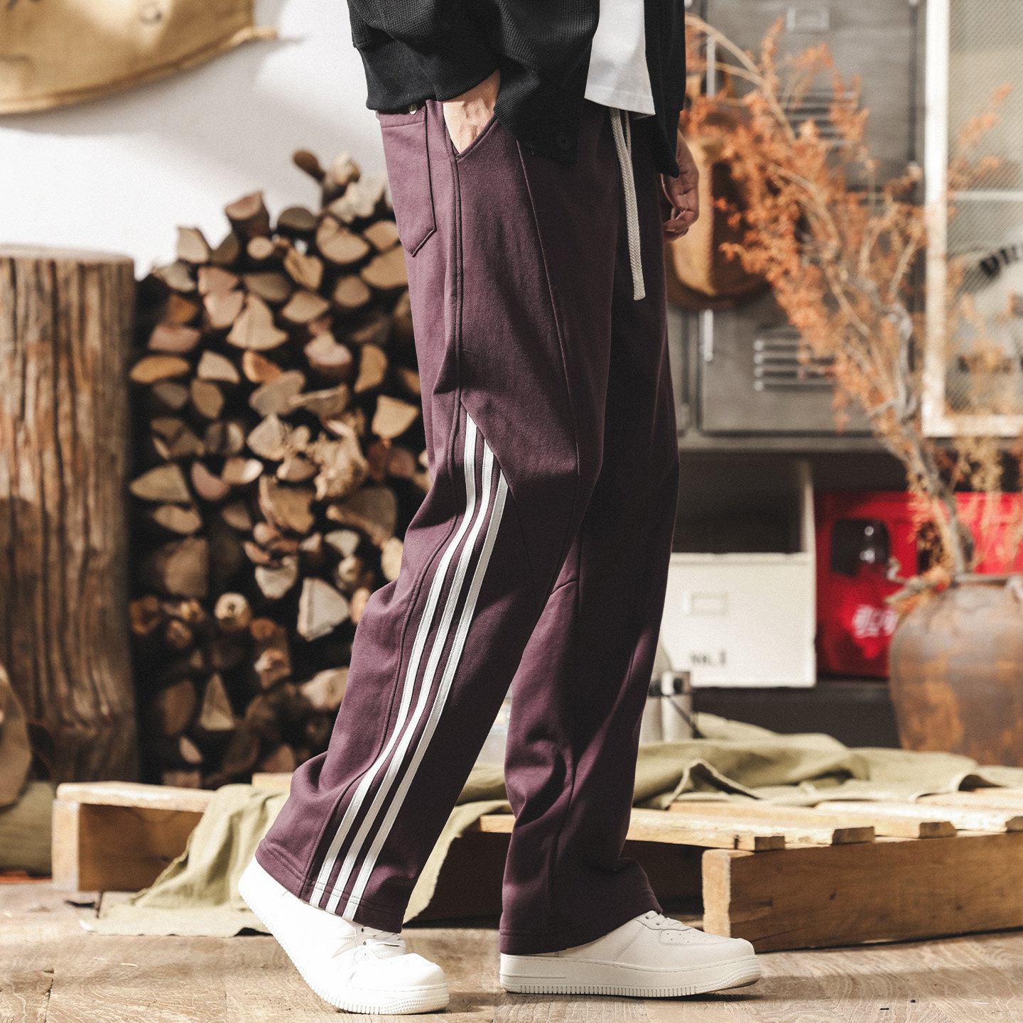 美式復古條紋運動厚棉褲男2026春季潮流新款直筒男士褲子寬鬆休閒