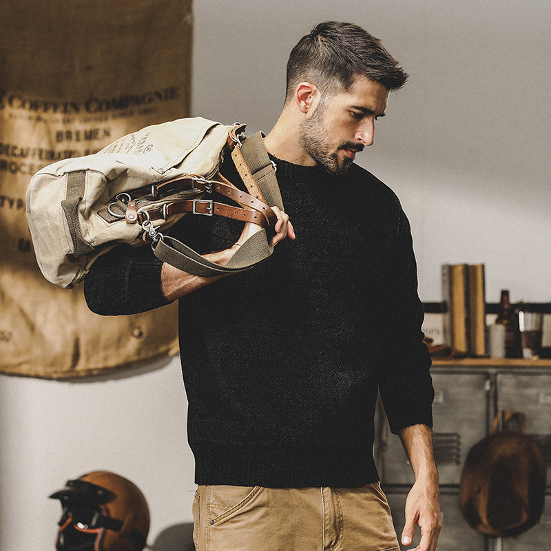 美式經典黑色加絨毛衣男冬季厚款寬鬆潮牌簡約百搭基礎打底針織衫