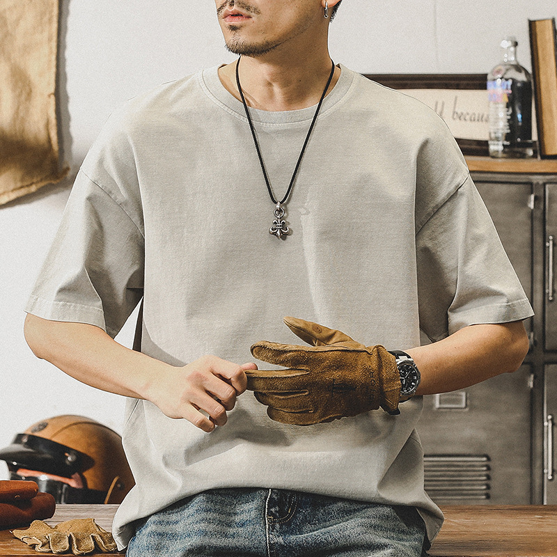 杰雷諾美式復古短袖T恤男圓領體恤男士夏季純色打底衫內搭上衣潮T