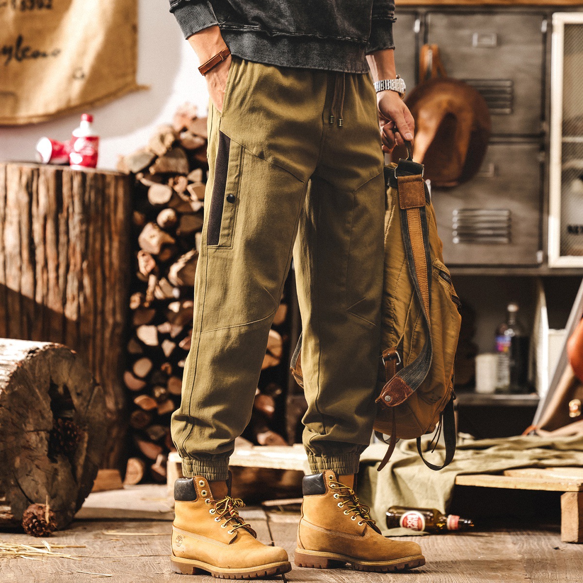 美式復古重磅黑色工裝褲子男2025秋季寬鬆新款拼接束腳男士休閒褲