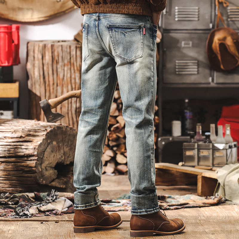美式復古經典做舊水洗牛仔褲男秋季新款男士休閒褲修身機車長褲潮