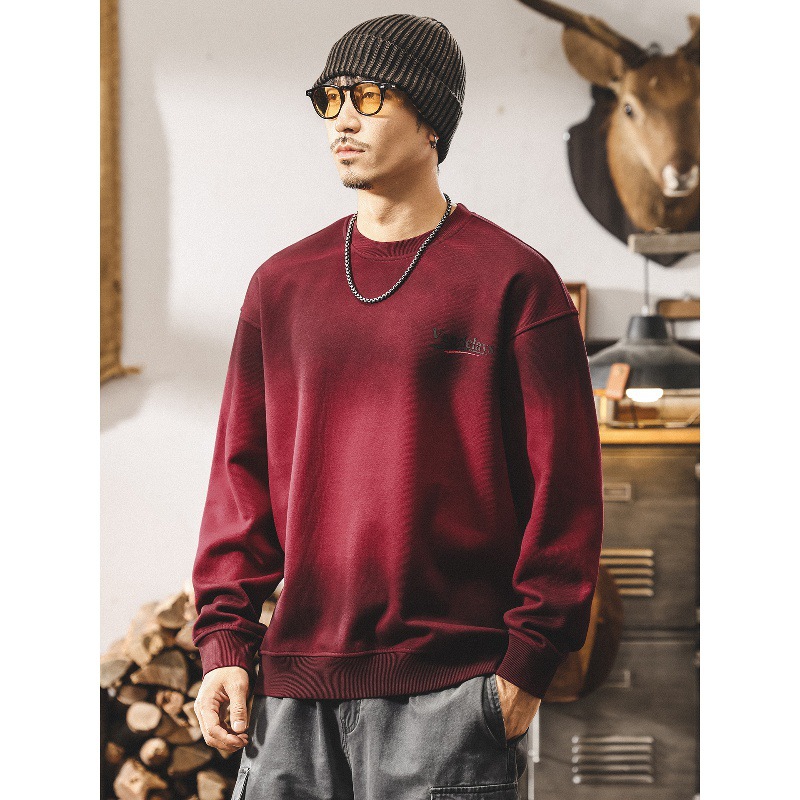 安可拉紅重磅圓領衛衣男春秋新款美式復古潮流髒染寬鬆大碼上衣男