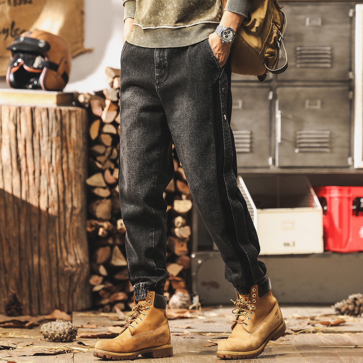 美式復古秋季牛仔褲2025新款潮牌拼接潮牌潮流設計感休閒工裝褲子