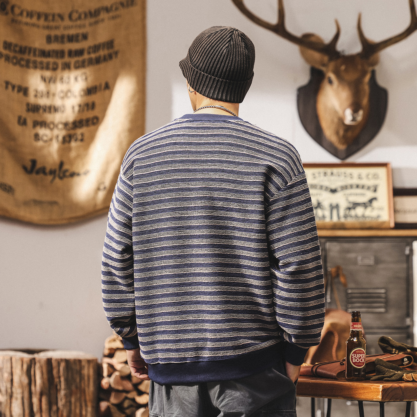 美式復古350g重磅衛衣男秋季新款潮牌肌理條紋海魂寬鬆休閒上衣男