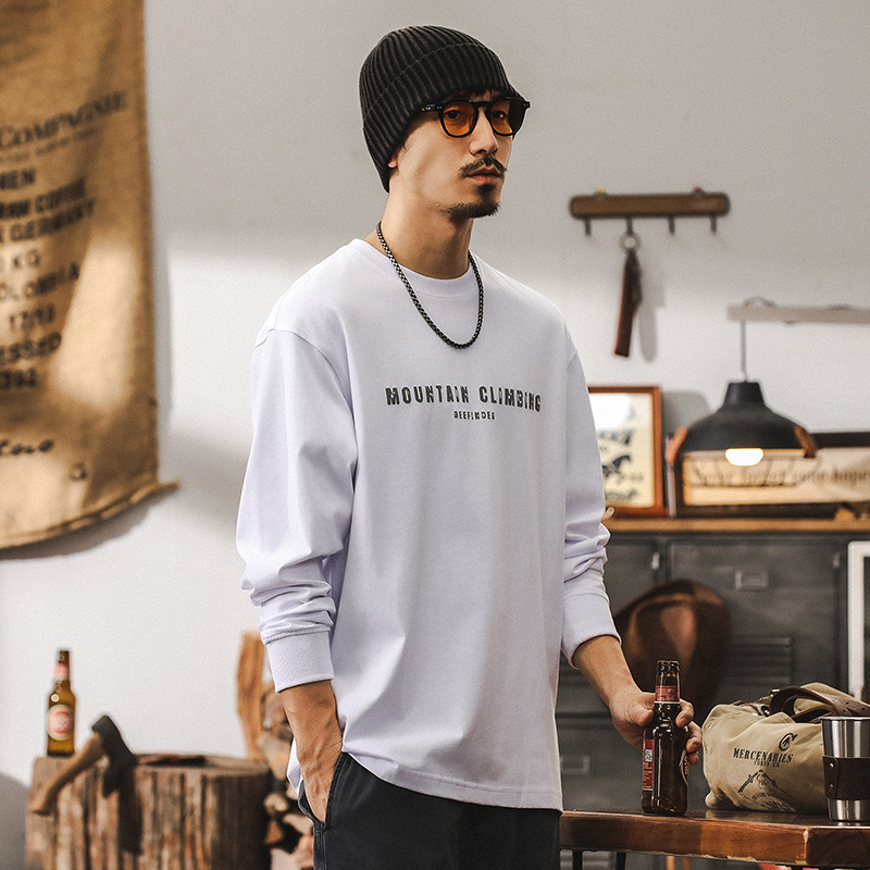 美式復古山系長袖T恤男秋季2024新款潮牌230g重磅寬鬆上衣男
