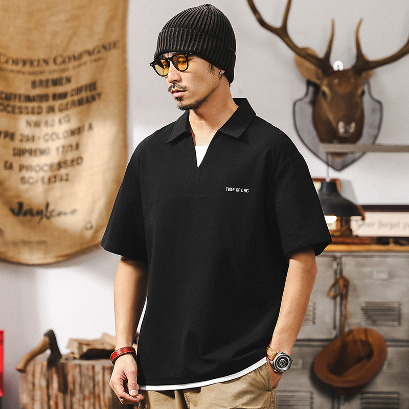 假兩件V領T恤男夏季涼感短袖上衣2025新款潮牌美式復古男士POLO衫