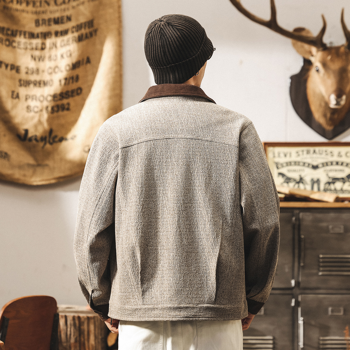 美式復古仿羊毛花紗外套男秋冬款高端潮牌拼接撞色巴恩風工裝夾克