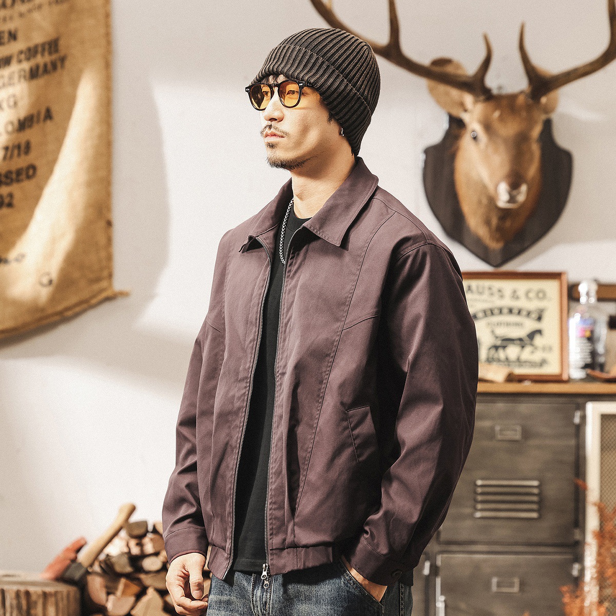 美式復古吸溼排汗老錢風行政外套男春秋2025新款寬鬆休閒教練夾克