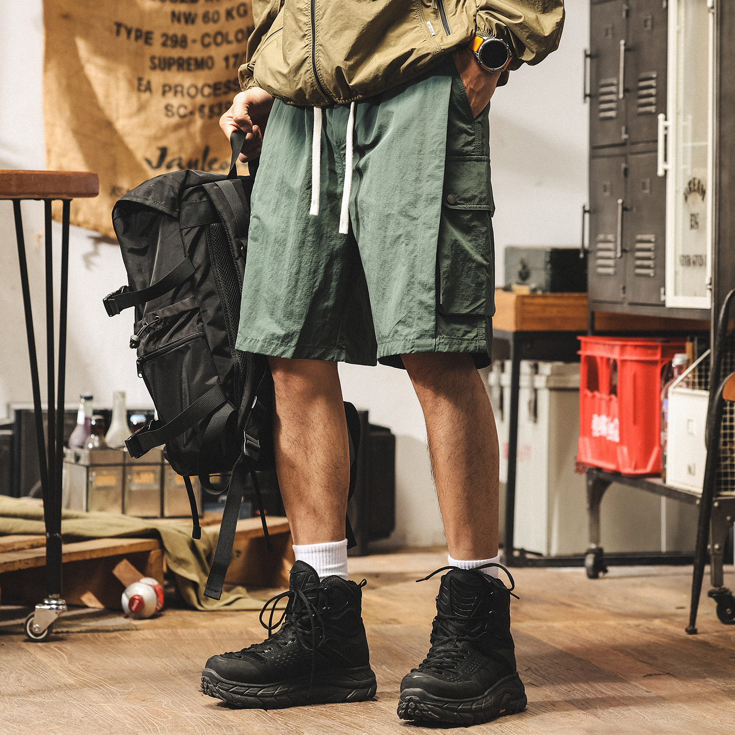 美式復古冰絲薄款短褲男夏季新款拼接潮牌中褲速乾戶外工裝五分褲