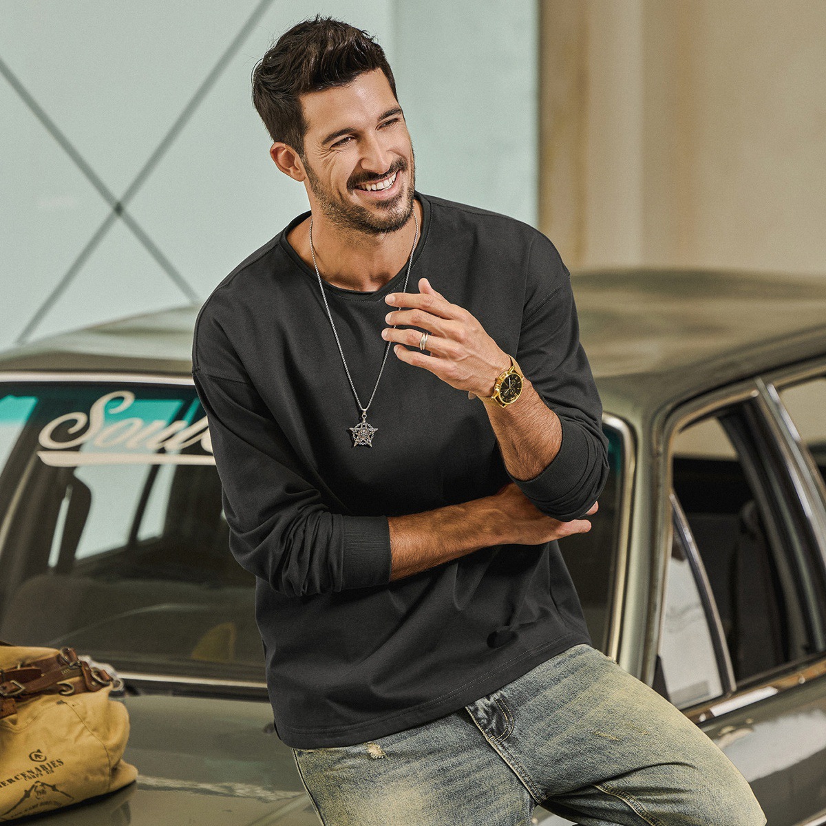 美式復古重磅長袖T恤男春季新款基礎內搭男士打底衫寬鬆上衣