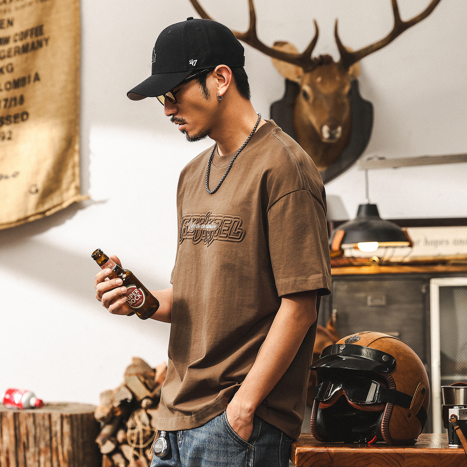 涼感科技重磅美式短袖男款夏季T恤潮牌立體鋼印寬鬆男士上衣