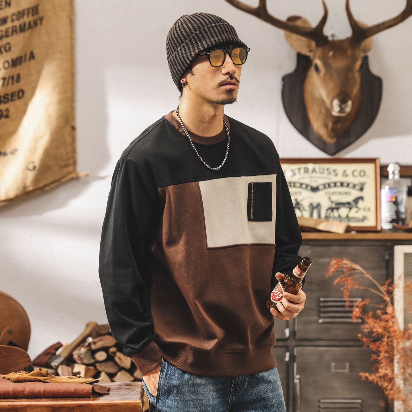 美式復古390g重磅衛衣男春秋款寬鬆大碼潮牌拼接休閒男生秋季上衣